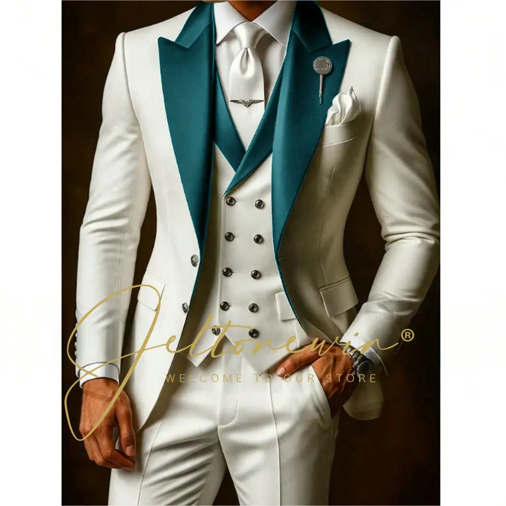 White Suit Set For Men Wedding Party Fashion Blazer Vest Pants Formal  Groom Groomsmen Tailor-made Male High Quality Tuxedos