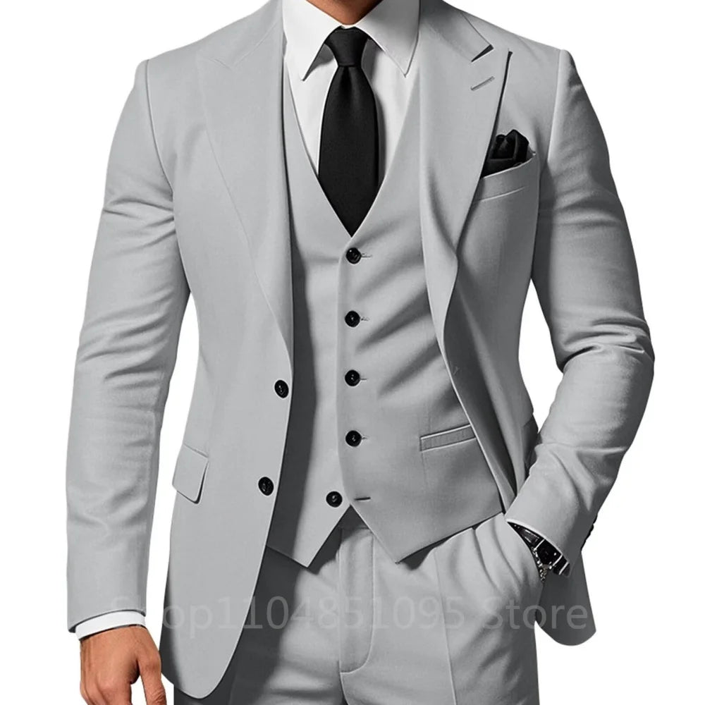 3 Piece Solid Wedding Men Suits Formal Groom Tuxedos Prom Party Male Suits Fashion Men Clothing Set Peak Lapel Jacket Pants Vest