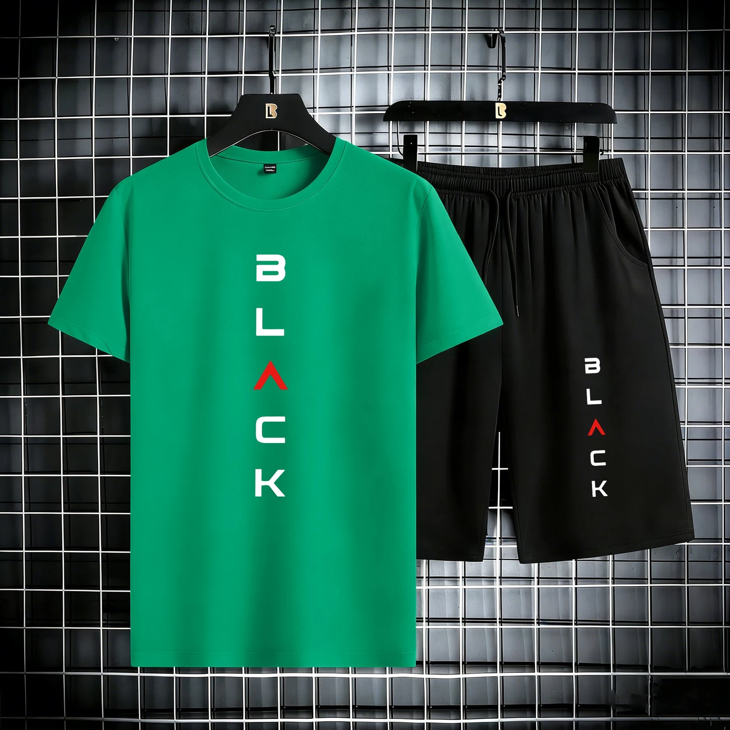 Black Simple Letter Pattern Mens Cotton Summer Classic Short Suits Cool All-Match Streetwear Soft Pocket Bottom Daily 2Pc Set