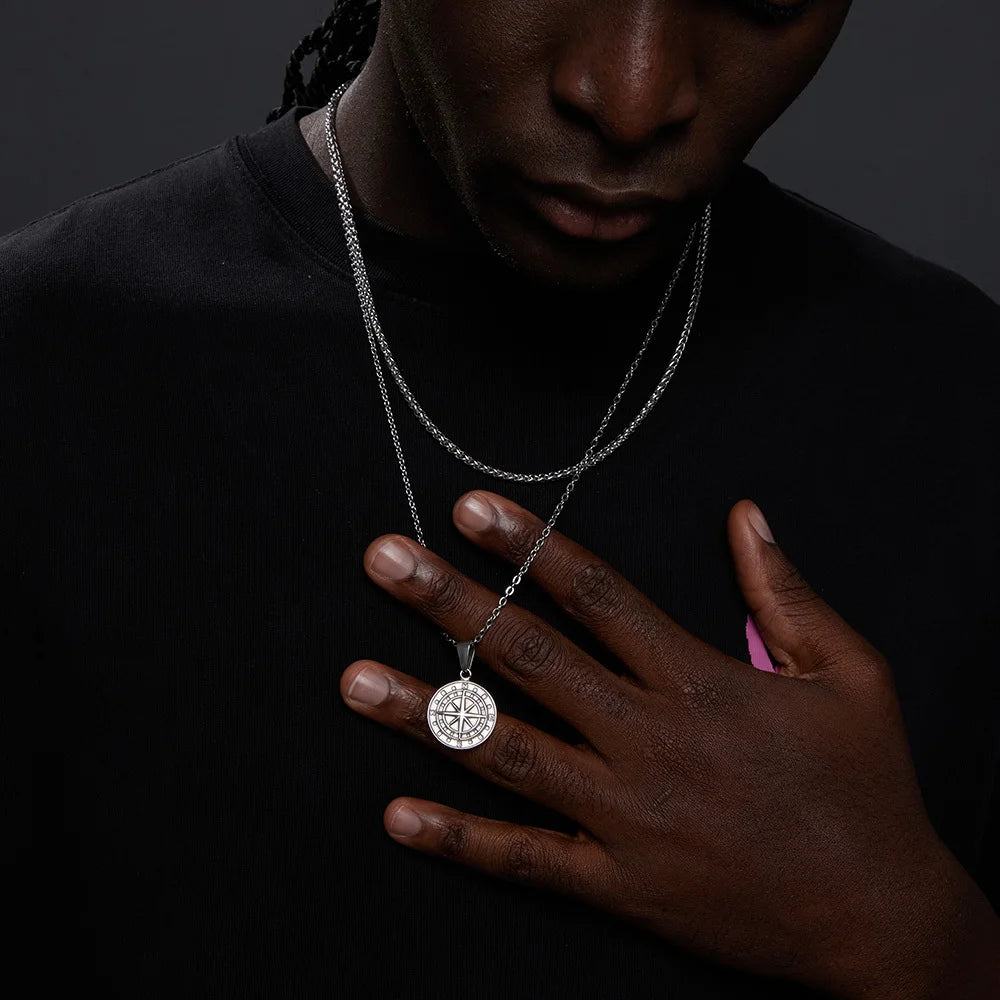 Vnox Layered Necklaces for Men Compass Pendant and Stainless Steel Cuban Figaro Wheat Chain - Casual Retro Collar Style