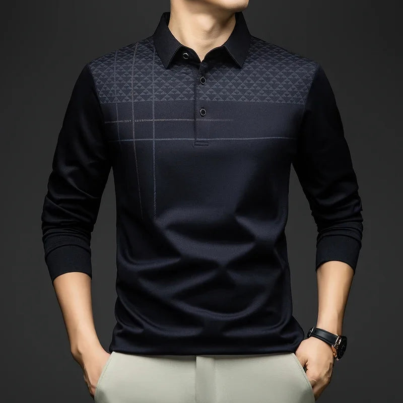 Formal Polo Tshirts Men Graphic Design Long Sleeve Shirt Collar Office Work Polo Tops Man Clothing