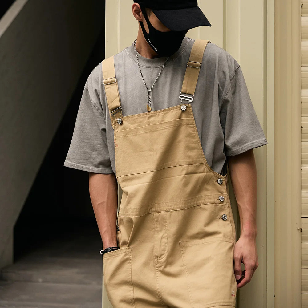 Men's Khaki Cargo Overalls with Adjustable Suspenders