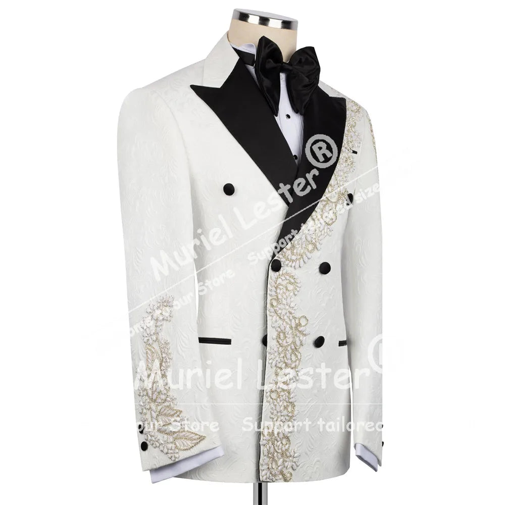 Elegant Suits Men Black Label Jacquard Jacket Pants 2 Piece Sets High-End Customized Beaded Stones Groom Wedding Tuxedos Attire
