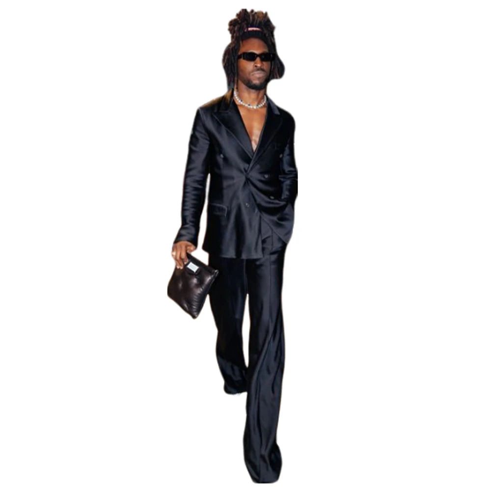 Men's Suit Satin Men Costume Luxurious Double Breasted Complete 2 Pieces Suit Peaked Lapel Jackets Dancing Party Fashion