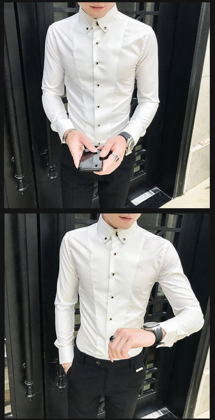 Men's Shirts Luxury Brand New Long Sleeve Elegant Shirts for Men Clothing Slim Fit Casual Mens Dress Shirts Formal Black/White