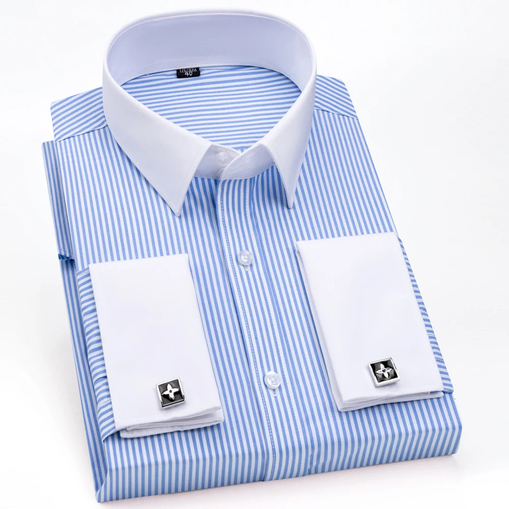 Men's Formal Long Sleeve Striped Shirt with French Cuffs & Contrast Spread Collar, Suitable for Business Wedding, All Seasons