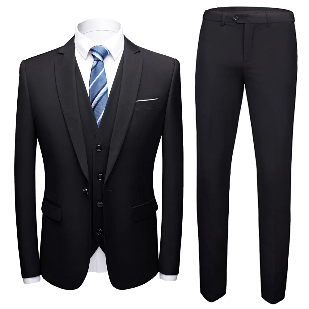 Men Suit Set Simple Solid Color Long Sleeve Male Outfit Single-breasted Slim Business Wedding Versatile Men Three-piece Suits