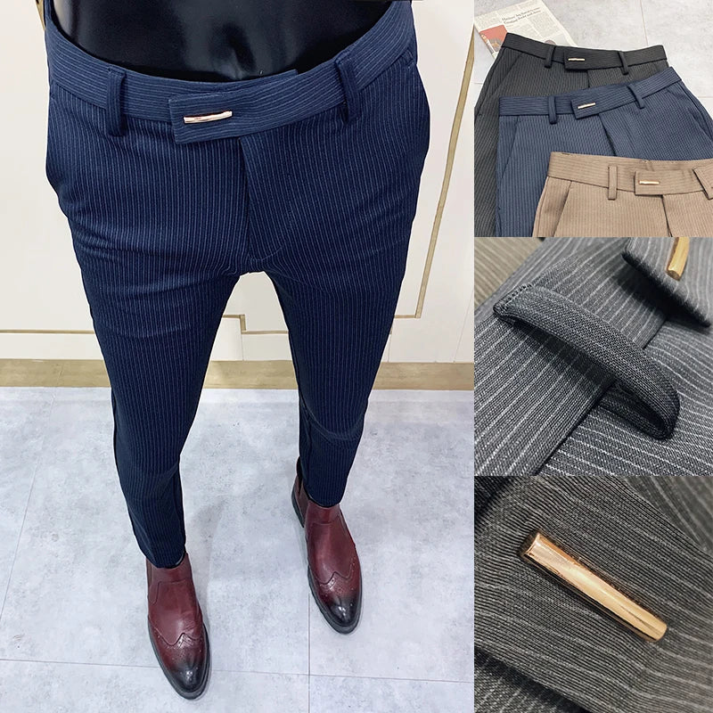 Striped Suit Elegant Office Business Slim Fit Dress Ankle Trousers