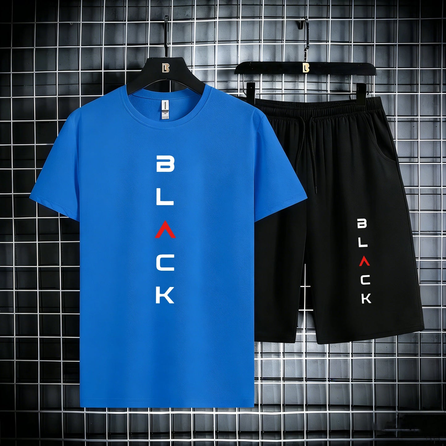 Black Simple Letter Pattern Mens Cotton Summer Classic Short Suits Cool All-Match Streetwear Soft Pocket Bottom Daily 2Pc Set