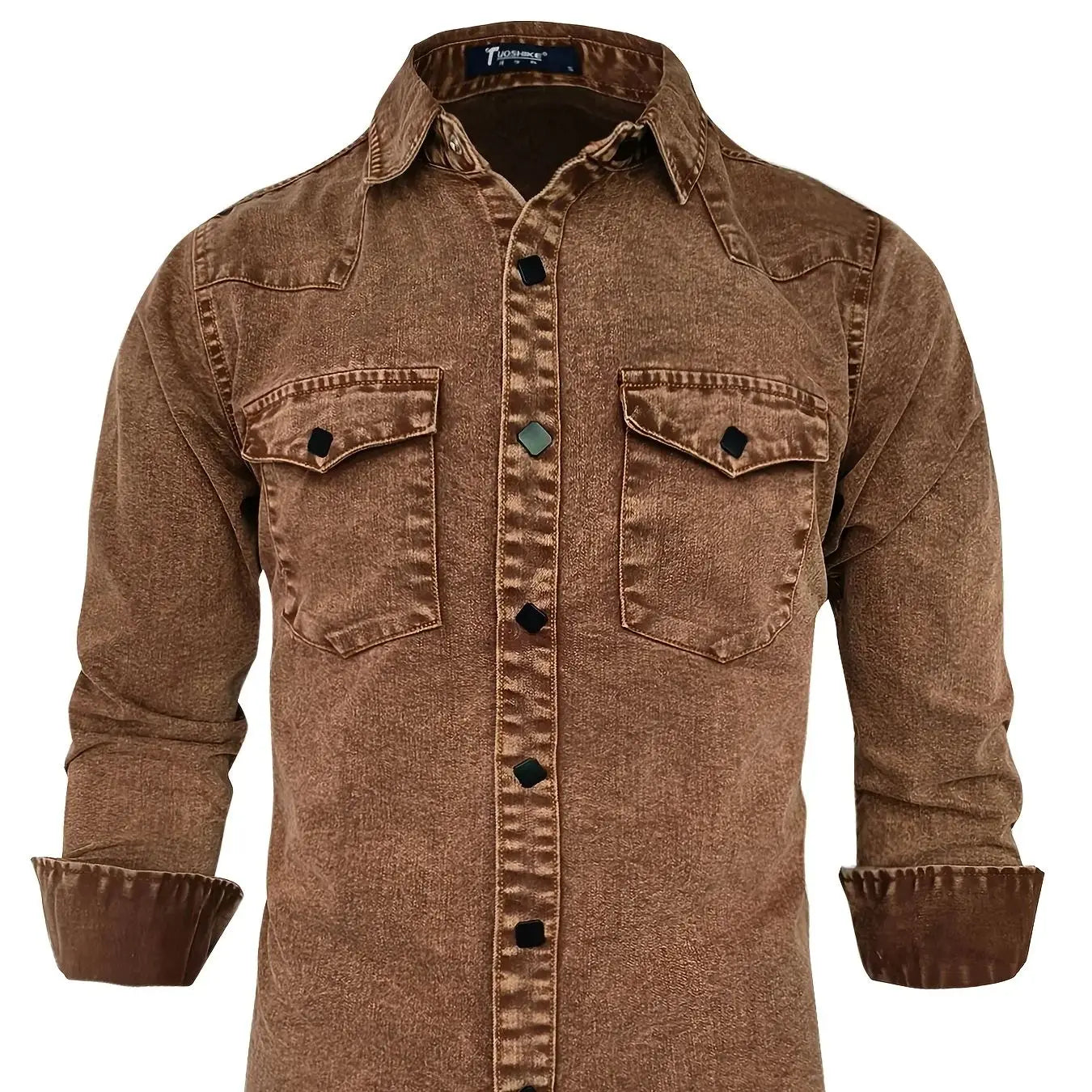 Men's Vintage Washed Denim Long Sleeve Shirt Hand-Washed Workwear Style Brown Shirt with Double Pockets and Diamond Buttons