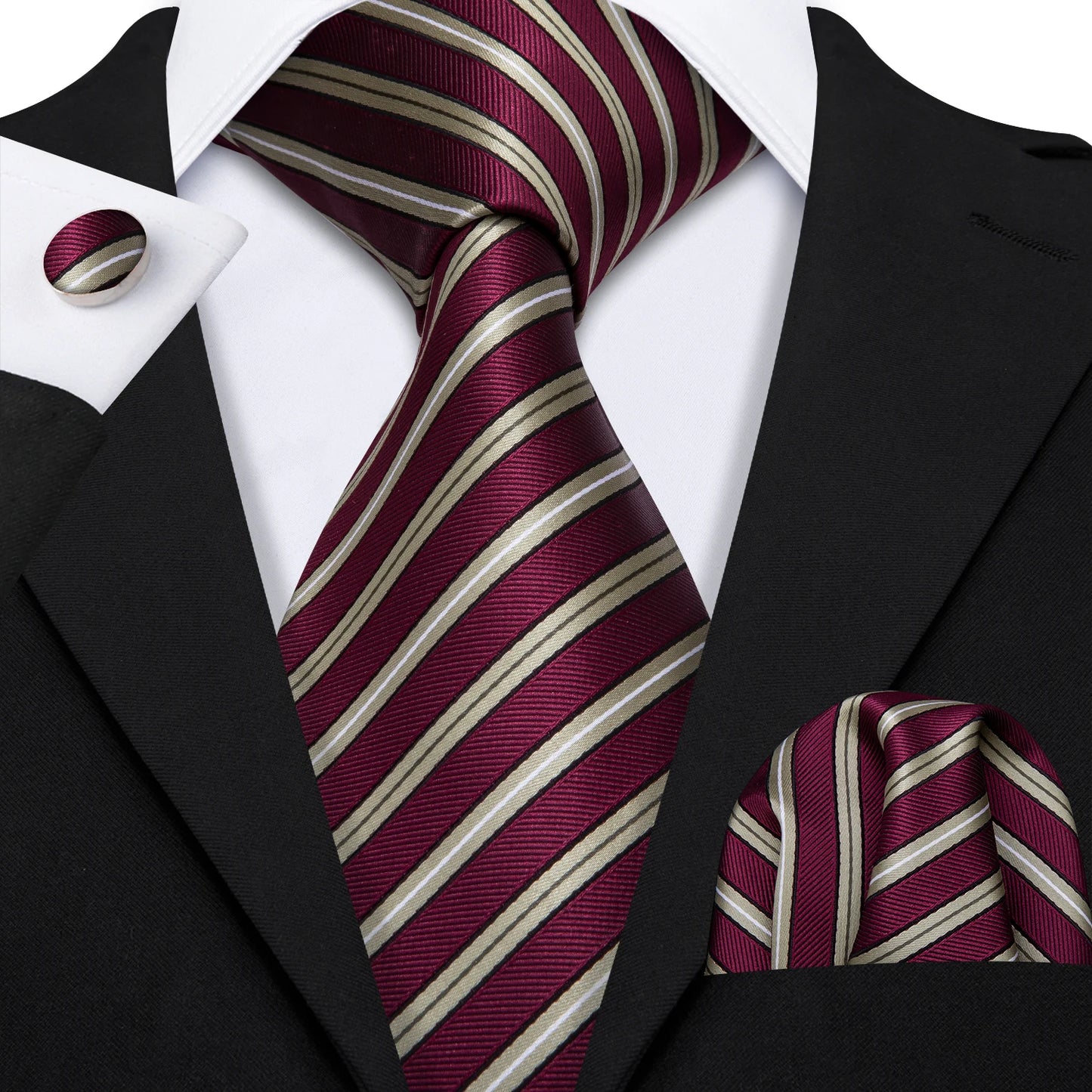Barry.Wang Red Silk Mens Tie Hanky Cufflinks Set Burgundy Maroon Scarlet Carmine Rose Jacquard Necktie For Male Wedding Party
