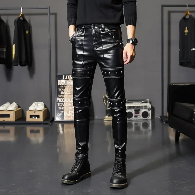 Men's Faux Leather Biker Pants - Slim Fit Motorcycle Trousers