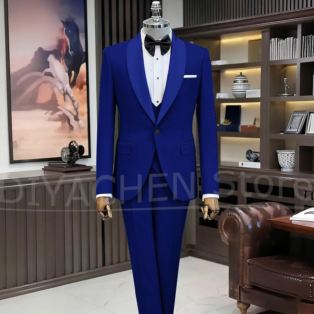 Black Suits for Men Elegant Shawl Lapel One Button Male Suit Slim (Jacket+Vest+Pants) Banquet Prom Wedding Party Tuxedo 3 Piece