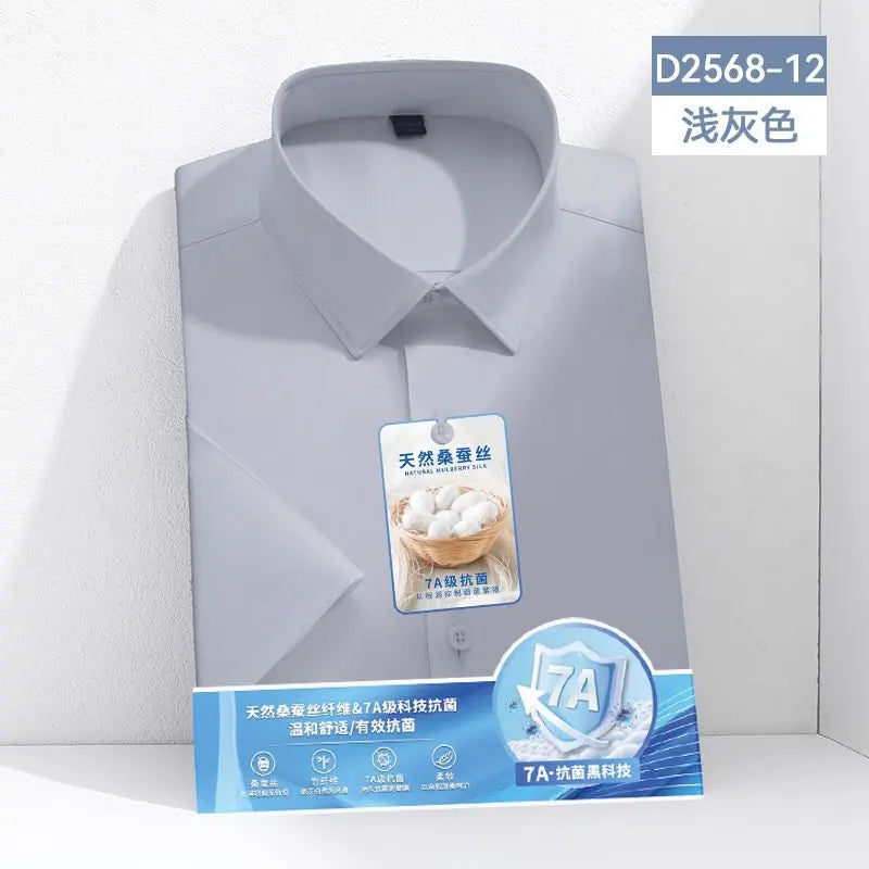 Larger Size S-6XL Mulberry Silk Men's Short  Sleeve Reverse Wrinkle and Cool Comfortable Slim Social Business Formal White Shirt