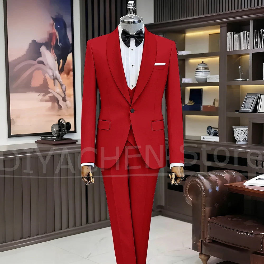 Black Suits for Men Elegant Shawl Lapel One Button Male Suit Slim (Jacket+Vest+Pants) Banquet Prom Wedding Party Tuxedo 3 Piece