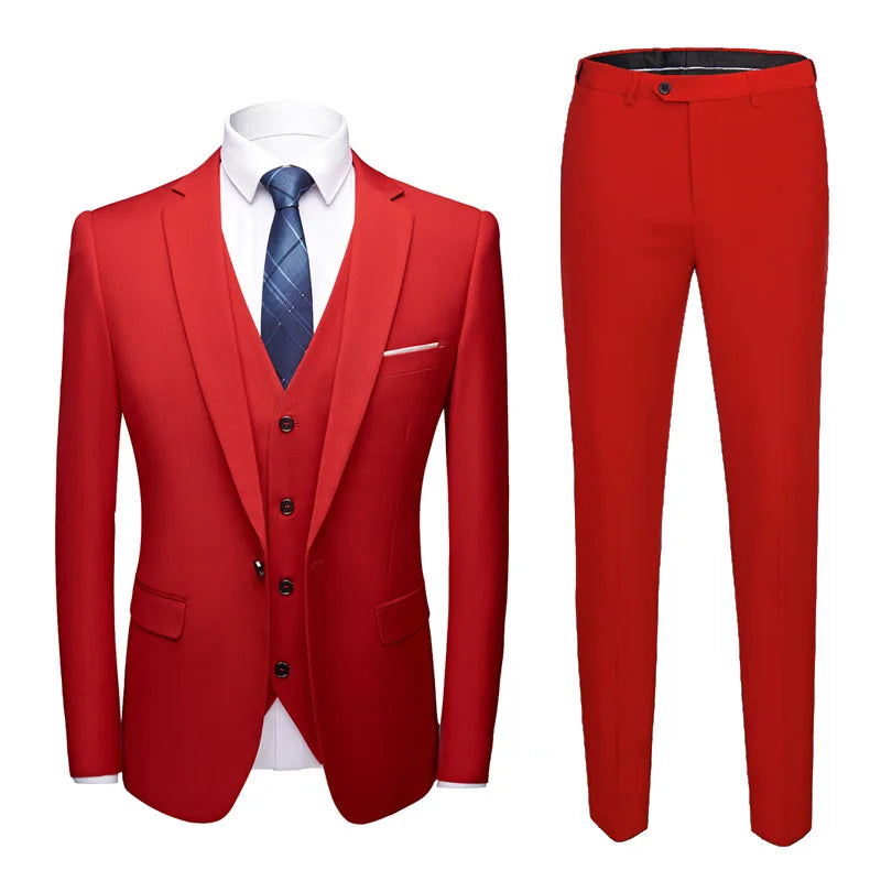 Men Suit Set Simple Solid Color Long Sleeve Male Outfit Single-breasted Slim Business Wedding Versatile Men Three-piece Suits