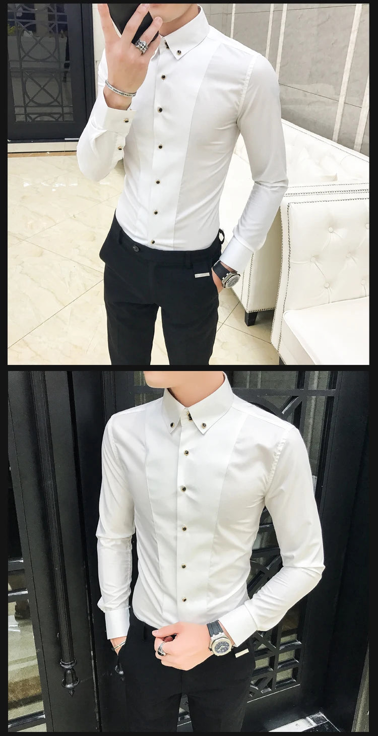 Men's Shirts Luxury Brand New Long Sleeve Elegant Shirts for Men Clothing Slim Fit Casual Mens Dress Shirts Formal Black/White