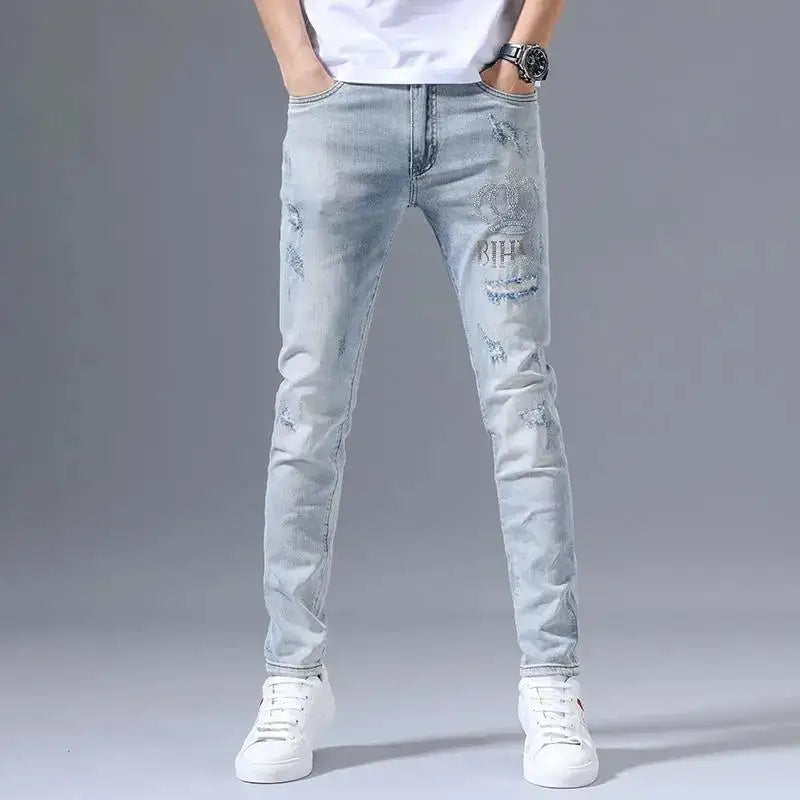 Men's Embroidered Slim Fit Denim Jeans - Stretch Ripped Design