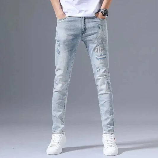 Men's Embroidered Slim Fit Denim Jeans - Stretch Ripped Design