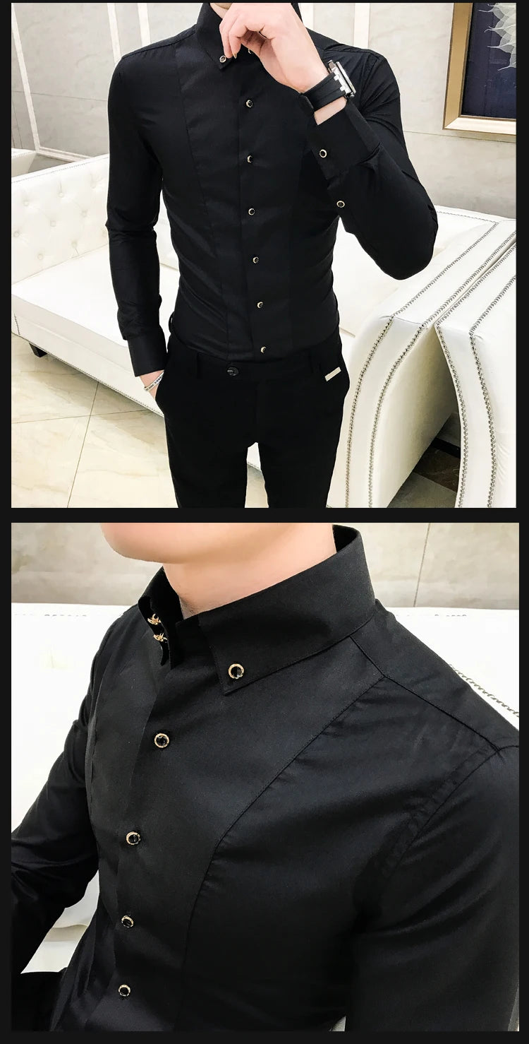Men's Shirts Luxury Brand New Long Sleeve Elegant Shirts for Men Clothing Slim Fit Casual Mens Dress Shirts Formal Black/White