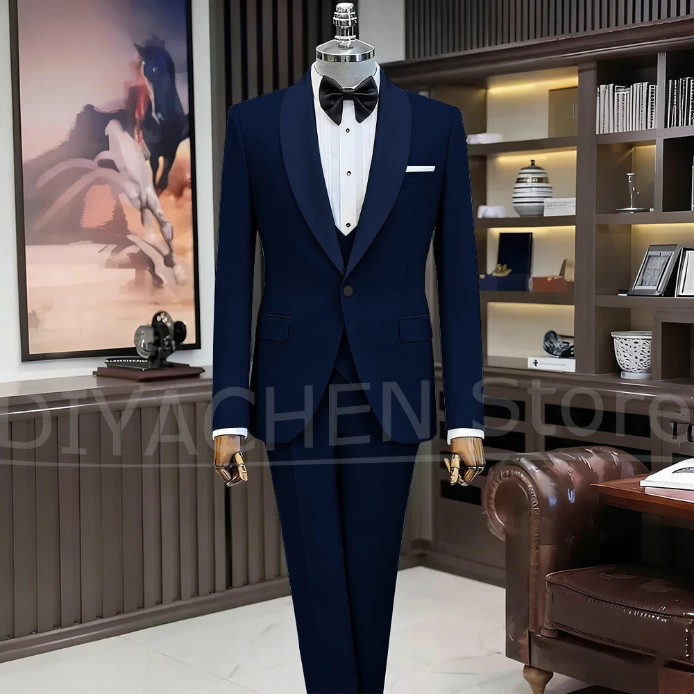 Black Suits for Men Elegant Shawl Lapel One Button Male Suit Slim (Jacket+Vest+Pants) Banquet Prom Wedding Party Tuxedo 3 Piece