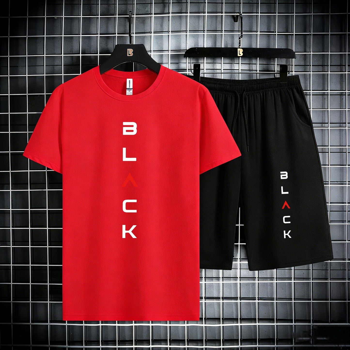 Black Simple Letter Pattern Mens Cotton Summer Classic Short Suits Cool All-Match Streetwear Soft Pocket Bottom Daily 2Pc Set