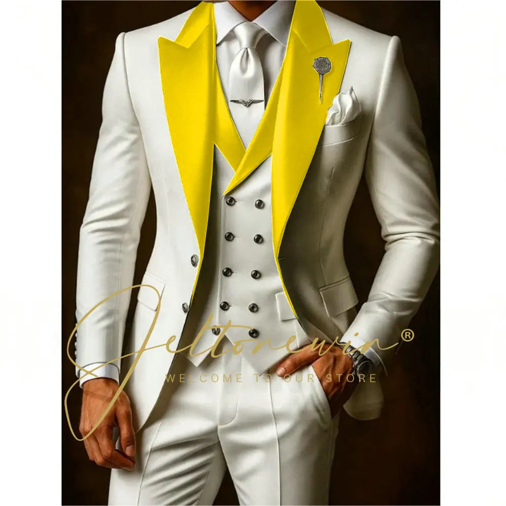 White Suit Set For Men Wedding Party Fashion Blazer Vest Pants Formal  Groom Groomsmen Tailor-made Male High Quality Tuxedos