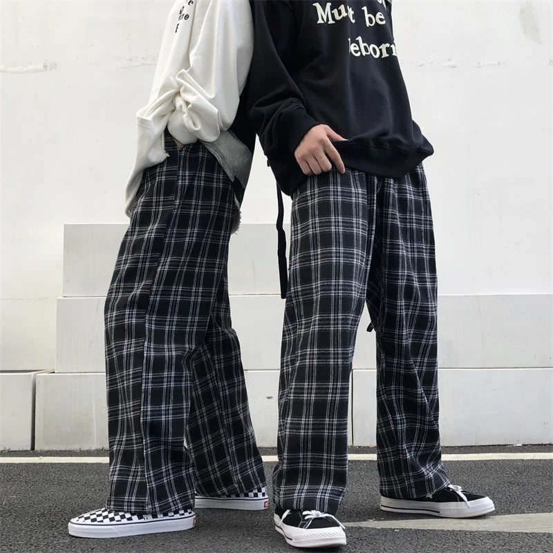 Women's Plaid Wide Leg Sweatpants - High Waist Casual Trousers