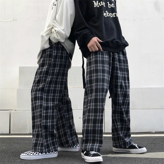 Women's Plaid Wide Leg Sweatpants - High Waist Casual Trousers