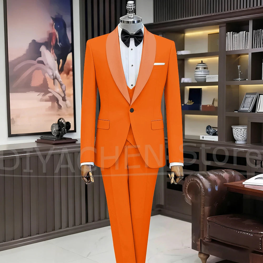 Black Suits for Men Elegant Shawl Lapel One Button Male Suit Slim (Jacket+Vest+Pants) Banquet Prom Wedding Party Tuxedo 3 Piece