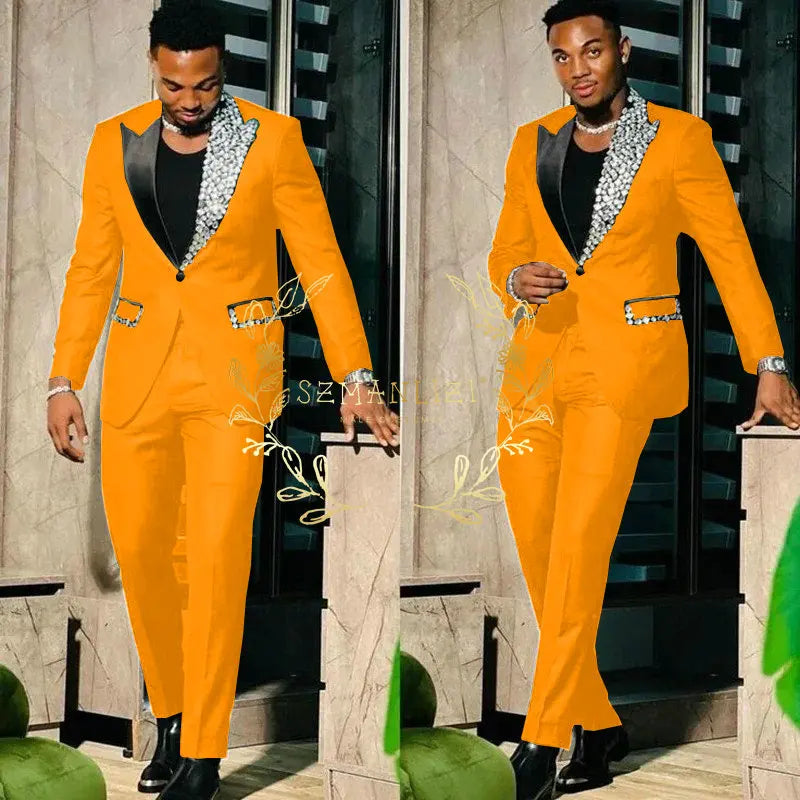 Slim Fit Suit Single Breasted Peak Lapel Blazer High Quality Crystal Prom Party 2 Piece Jacket & Pants for Men