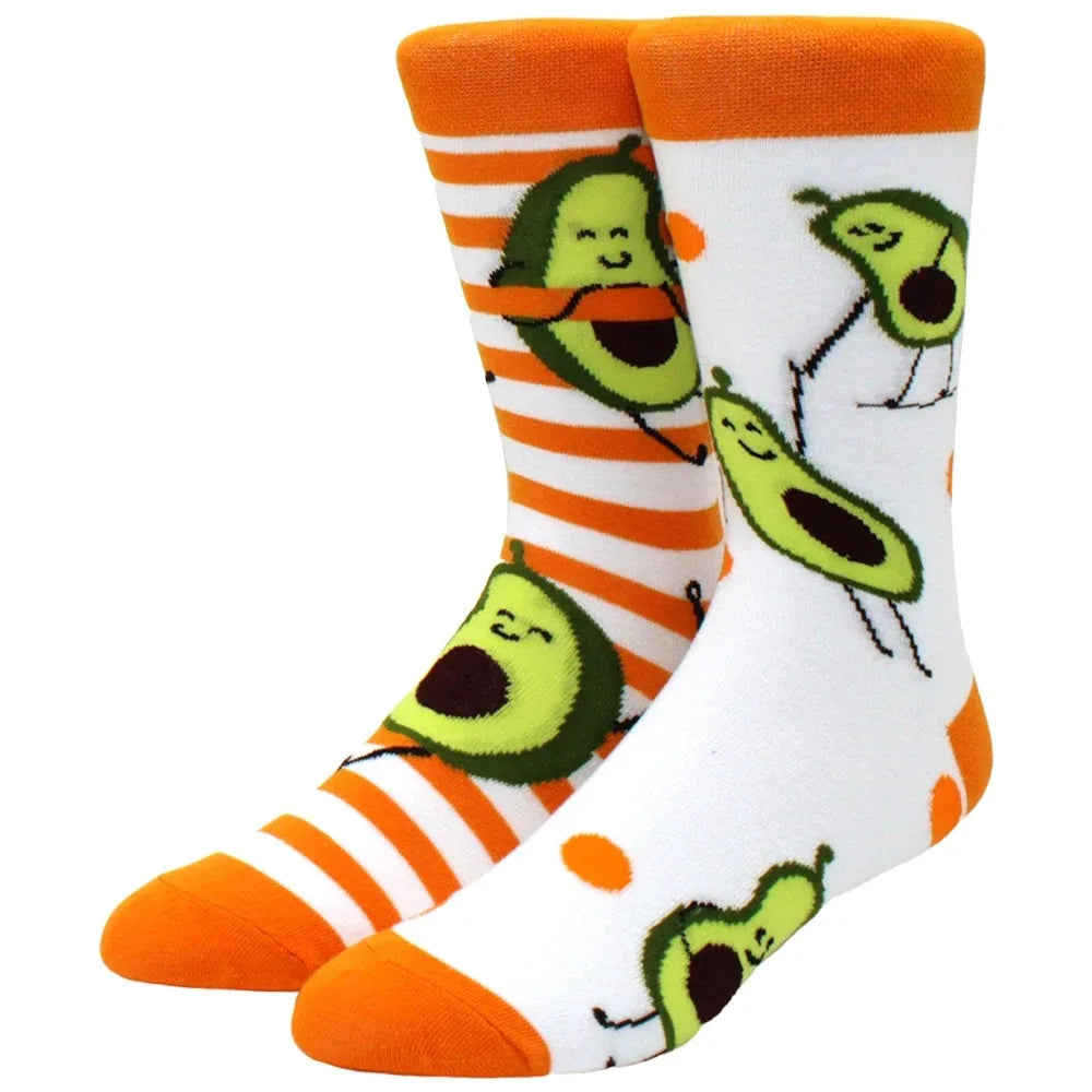 Men's Novelty Cotton Crew Socks - Mismatched Animal & Fruit Design