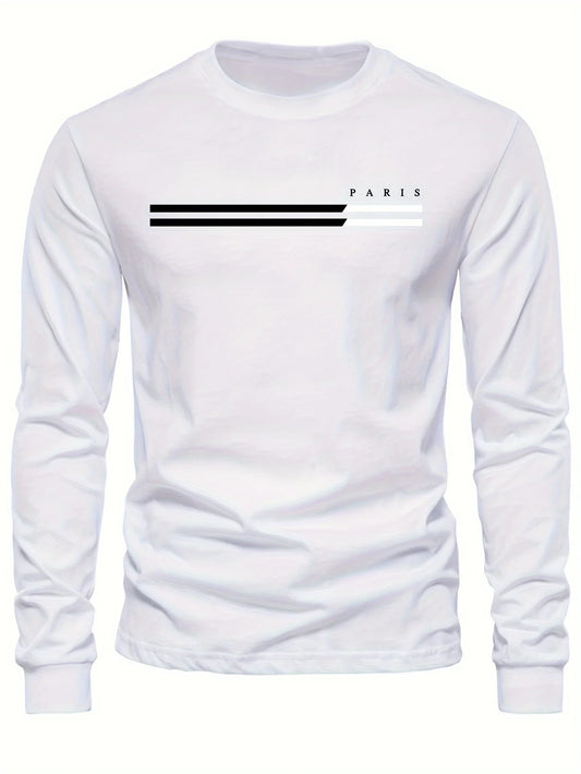 Men's Paris Print Cotton T-Shirt - Long Sleeve Casual Tee