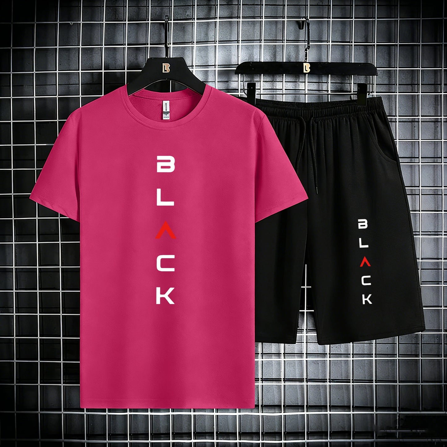 Black Simple Letter Pattern Mens Cotton Summer Classic Short Suits Cool All-Match Streetwear Soft Pocket Bottom Daily 2Pc Set