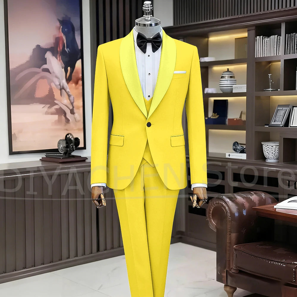 Black Suits for Men Elegant Shawl Lapel One Button Male Suit Slim (Jacket+Vest+Pants) Banquet Prom Wedding Party Tuxedo 3 Piece