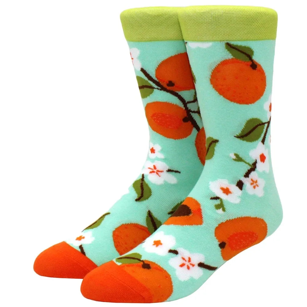 Men's Novelty Cotton Crew Socks - Mismatched Animal & Fruit Design