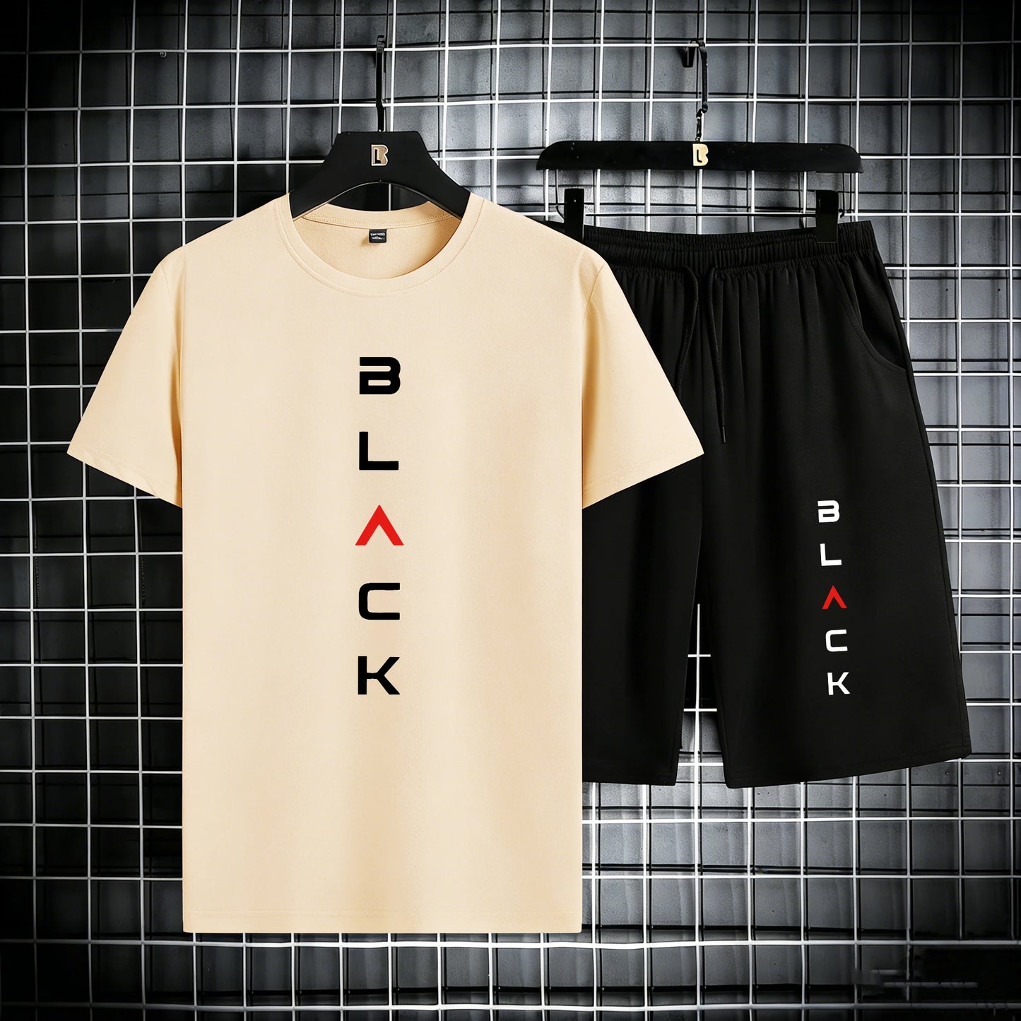 Black Simple Letter Pattern Mens Cotton Summer Classic Short Suits Cool All-Match Streetwear Soft Pocket Bottom Daily 2Pc Set