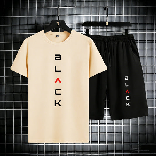 Black Simple Letter Pattern Mens Cotton Summer Classic Short Suits Cool All-Match Streetwear Soft Pocket Bottom Daily 2Pc Set