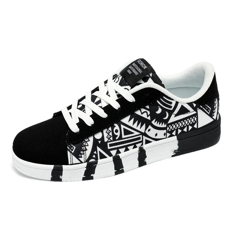 Men's Canvas Sneakers - Breathable Lace-Up Casual Shoes with Graffiti Design