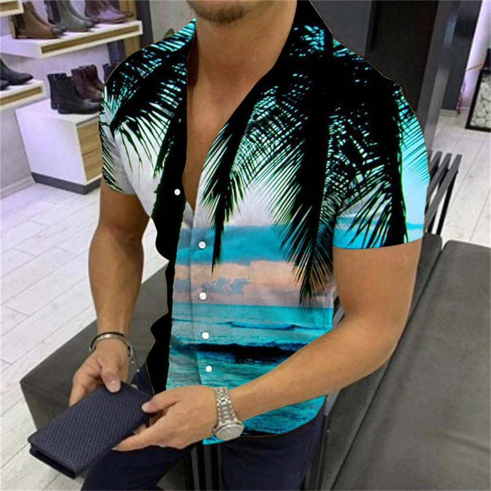 Men's Hawaiian Coconut Tree Print Shirt - Short Sleeve