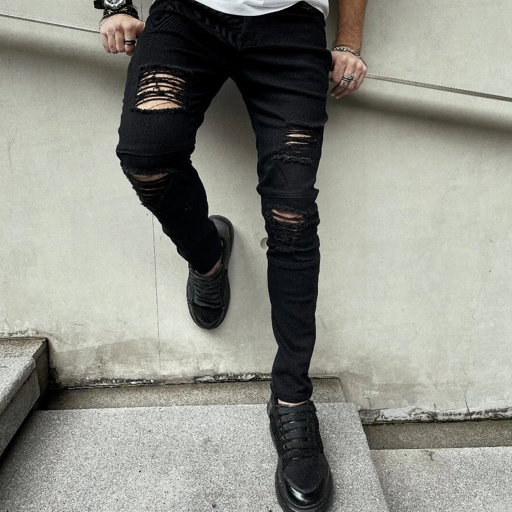 Men's Slim Fit Ripped Denim Jeans - Hip Hop Street Style