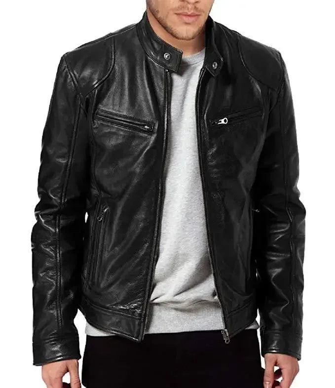 Mens Motorcycle PU Leather Jacket Slim Fit Short-Coat Autumn New Zipper Stand Windproof