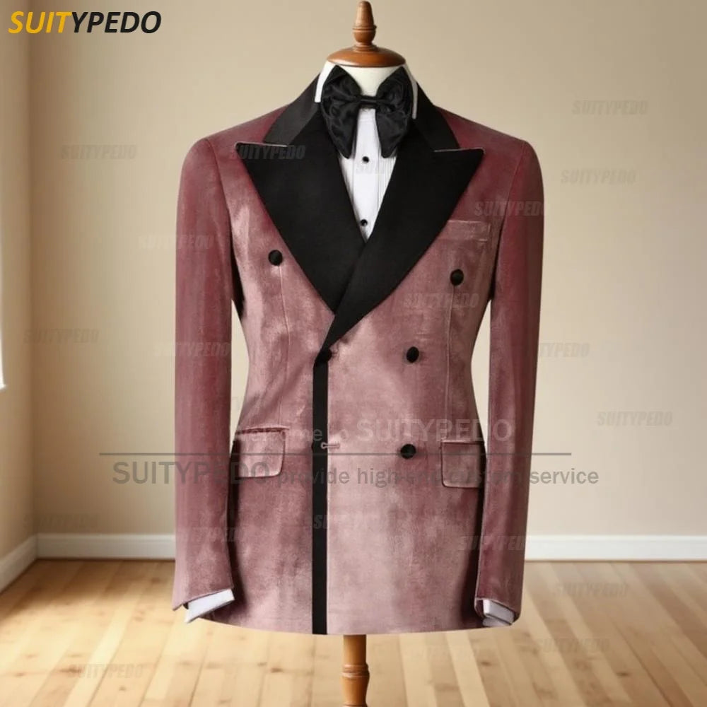 Elegant Velet Peak Lapel Blazers for Men Fashion Brief Double Breasted Office Work Suit Tuxedo Coat 1 Piece Formal Evening Gown