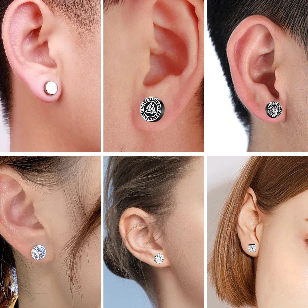 NONECN Crystal Strong Magnetic Ear Stud Clip Earrings - Non Piercing Zircon Punk Round Magnet Jewelry