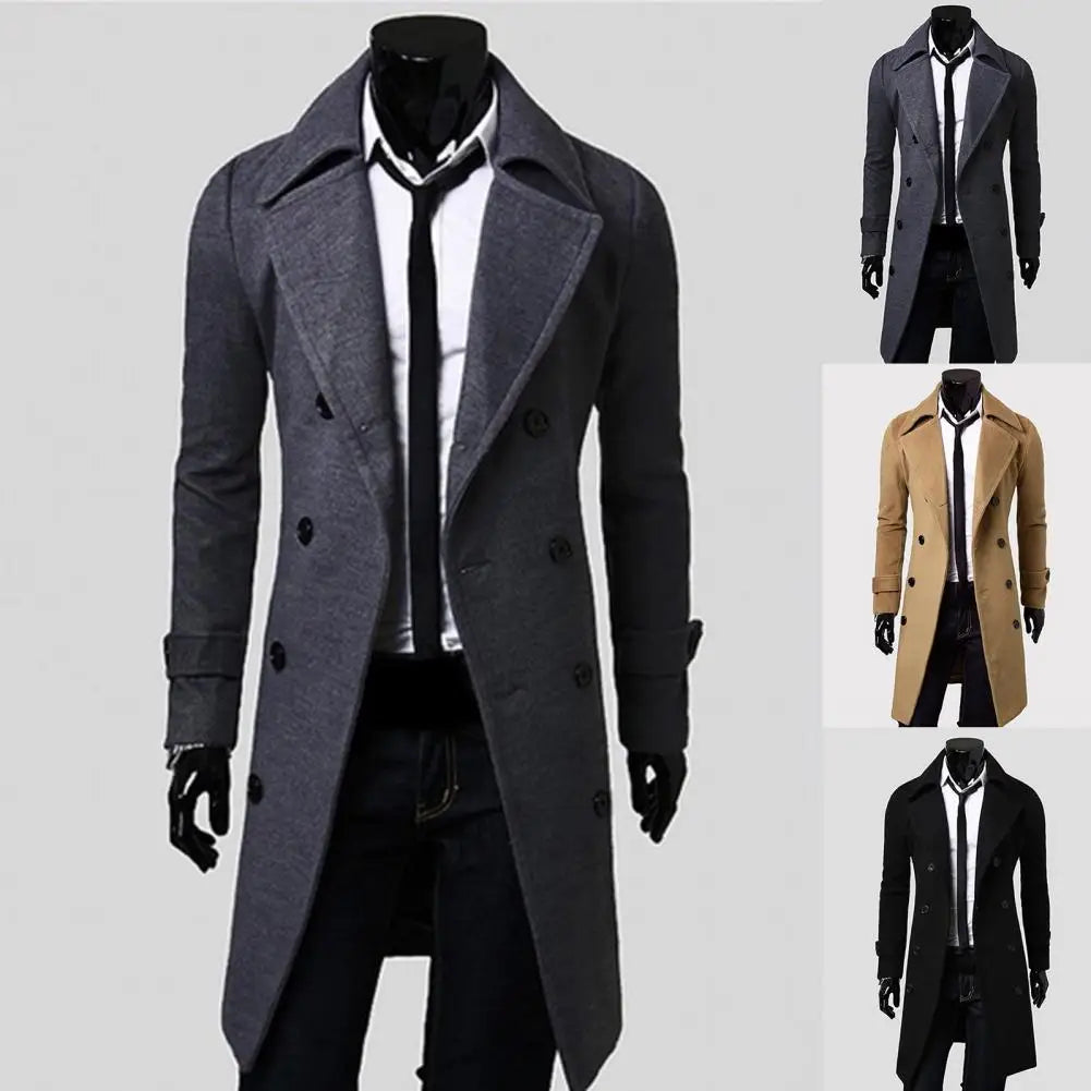 Men's Double-Breasted Trench Coat - Classic Wool-Lined Outerwear