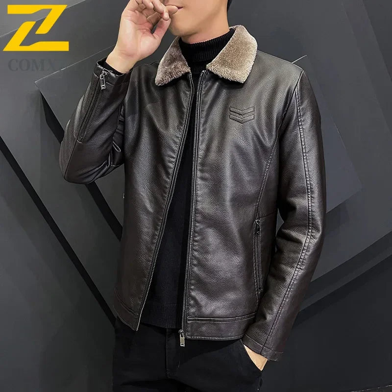 Men's Faux Leather Jacket - Fleece Lined Winter Coat