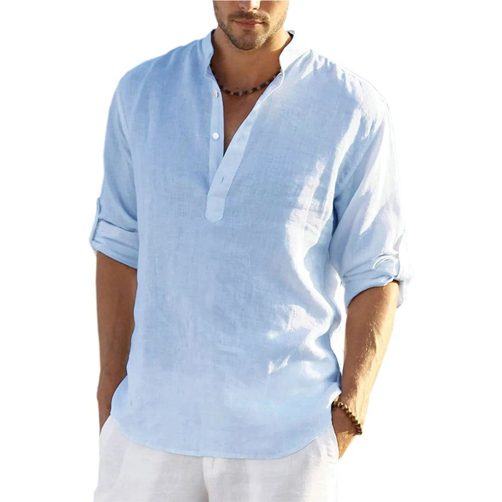 Men's Cotton Linen Casual Shirt - Long Sleeve Stand Collar