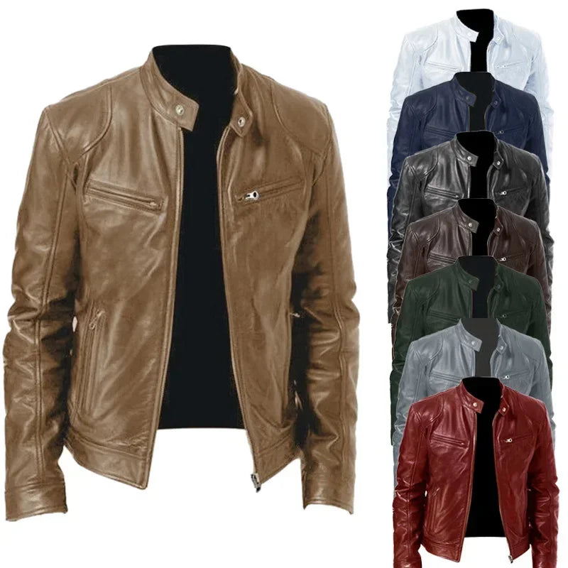 Mens Motorcycle PU Leather Jacket Slim Fit Short-Coat Autumn New Zipper Stand Windproof