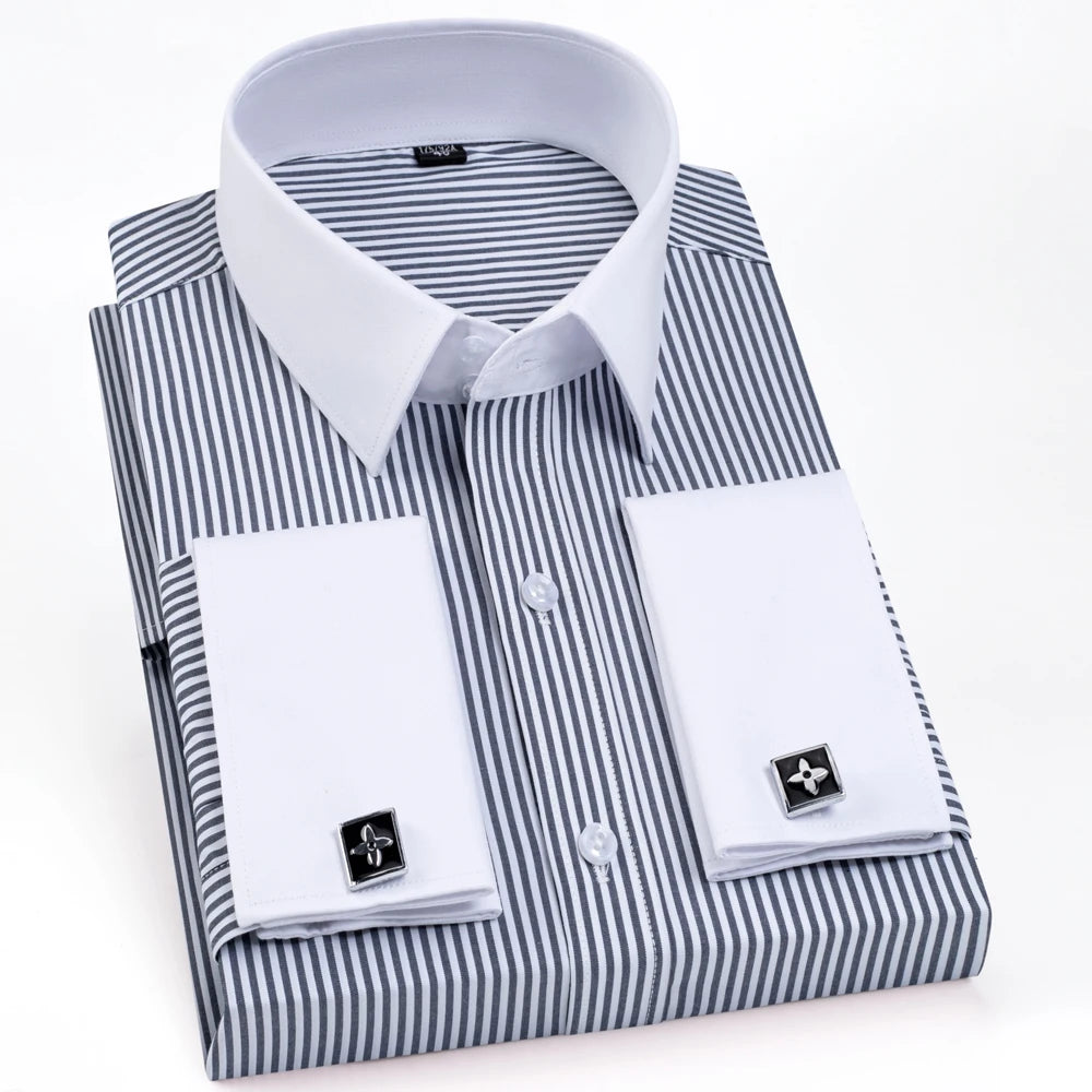 Men's Formal Long Sleeve Striped Shirt with French Cuffs & Contrast Spread Collar, Suitable for Business Wedding, All Seasons