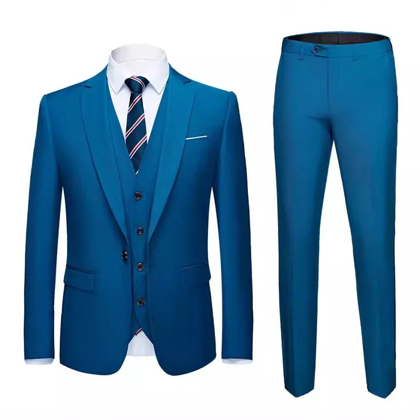 Men Suit Set Simple Solid Color Long Sleeve Male Outfit Single-breasted Slim Business Wedding Versatile Men Three-piece Suits